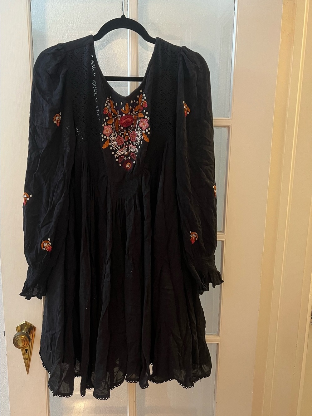Free People Black Embroidered Boho Dress with Floral Accent